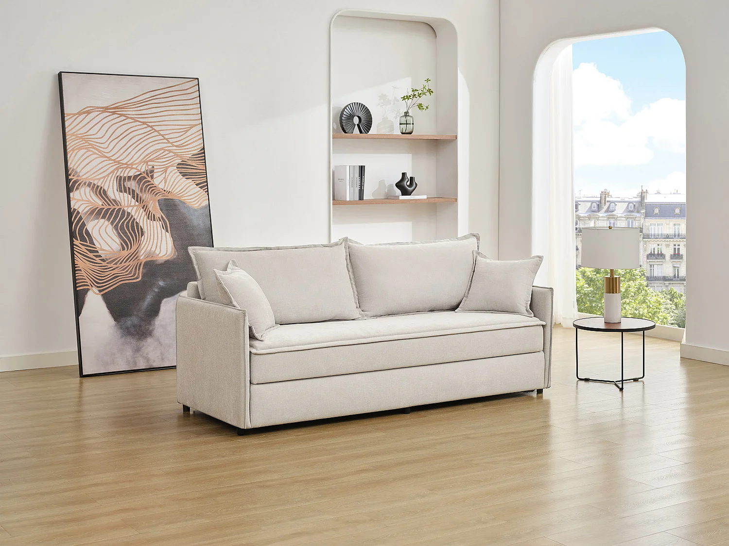 Canapé 3 places convertible en tissu beige avec assise à mémoire de forme SERABA