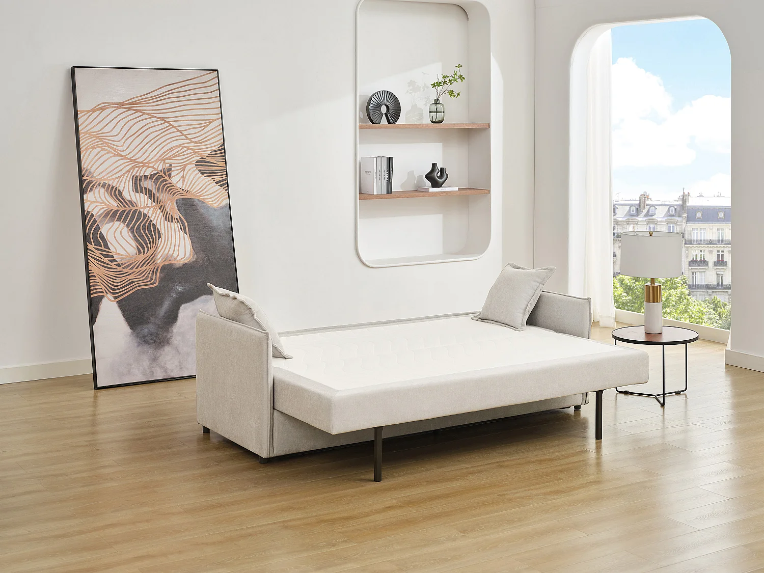 Canapé 3 places convertible en tissu beige avec assise à mémoire de forme SERABA