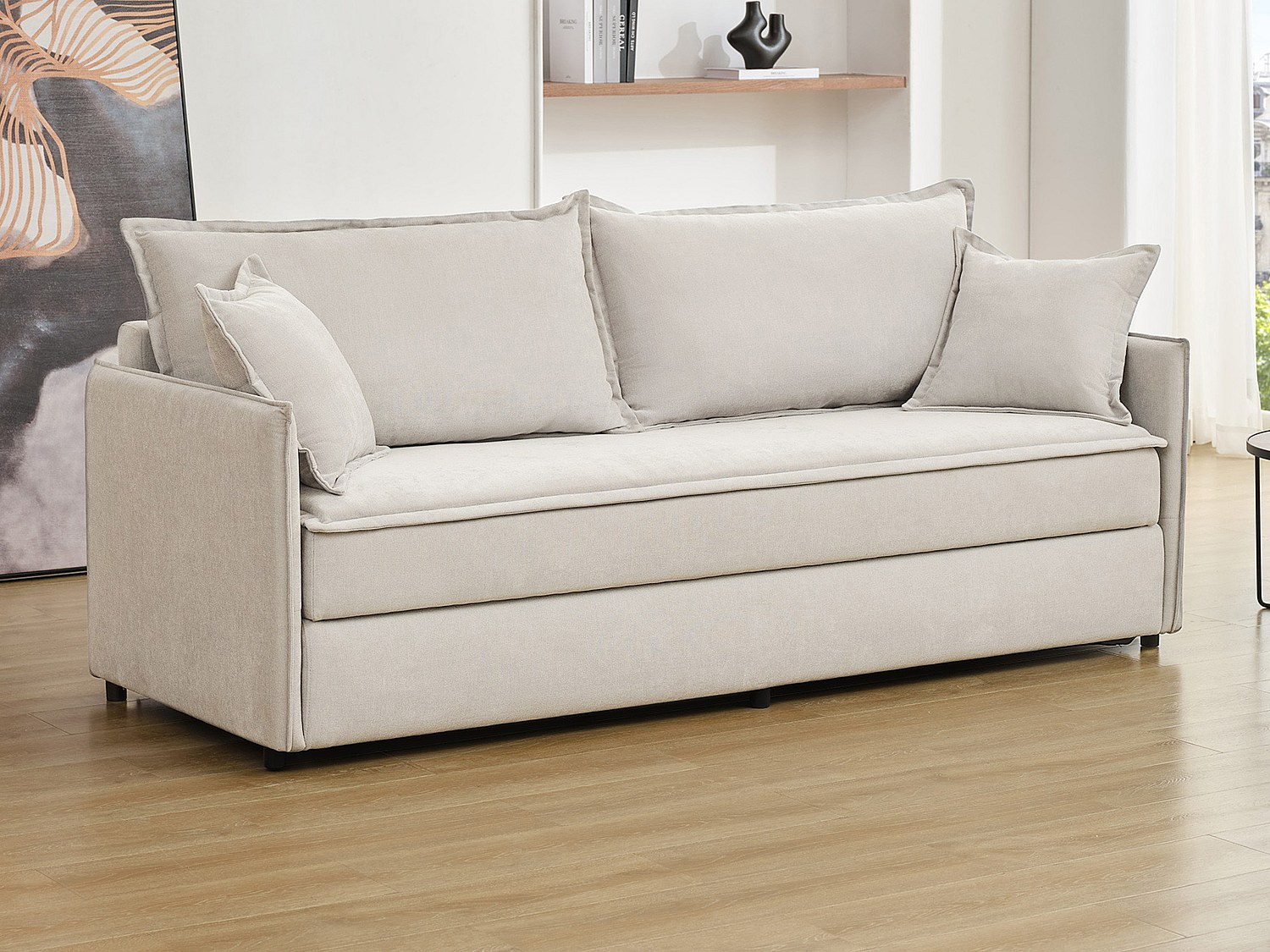 Canapé 3 places convertible en tissu beige avec assise à mémoire de forme SERABA