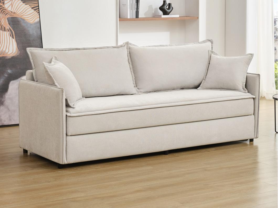 Sofá cama de 3 plazas de tela beige con asiento de espuma viscoelástica SERABA