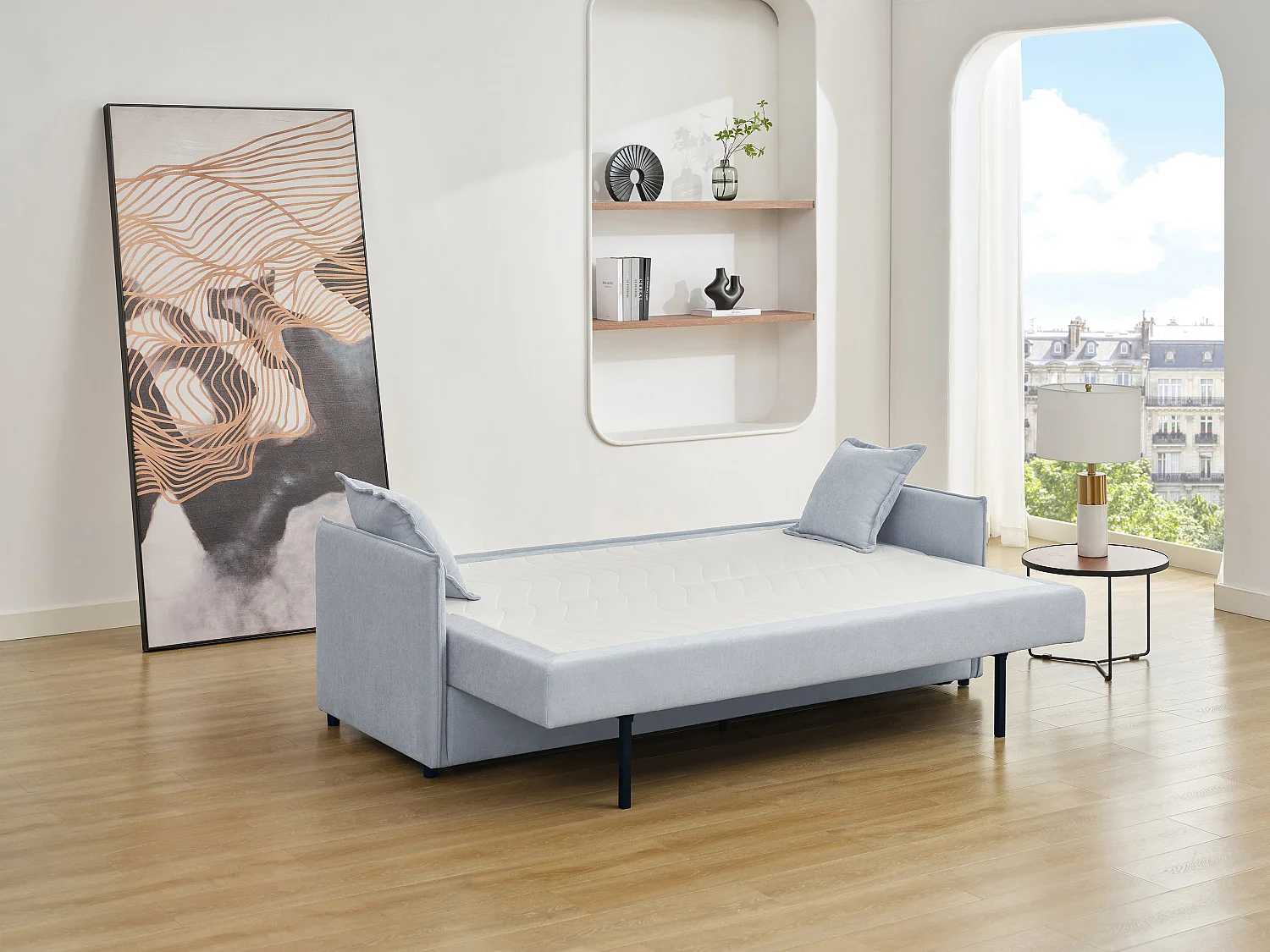 3-sits bäddsoffa i blått tyg med memoryskum i sitsen SERABA