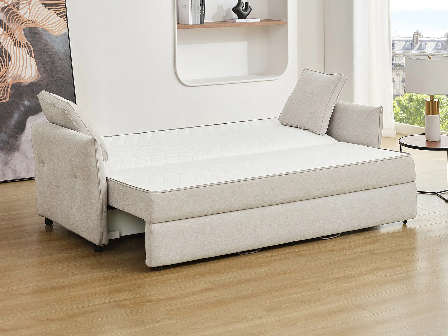 Canapé 3 places convertible en tissu beige avec assise à mémoire de forme SITALA