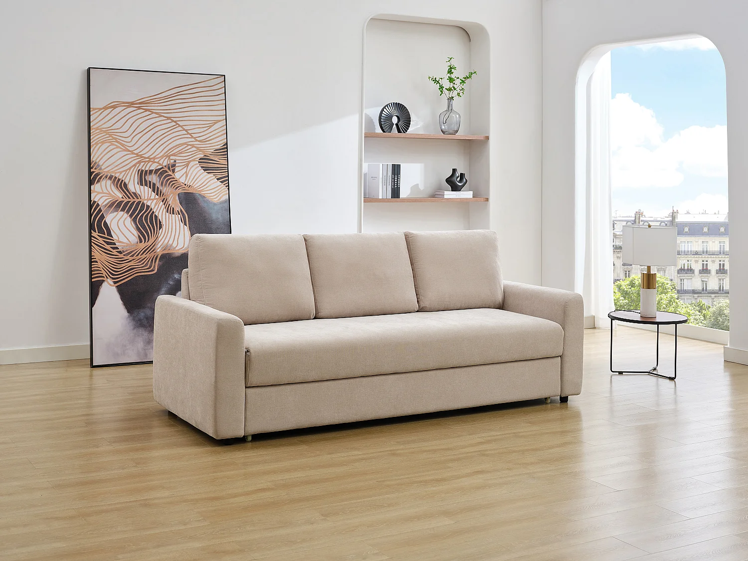 Canapé 3 places convertible en tissu beige avec assise à mémoire de forme ARCATA