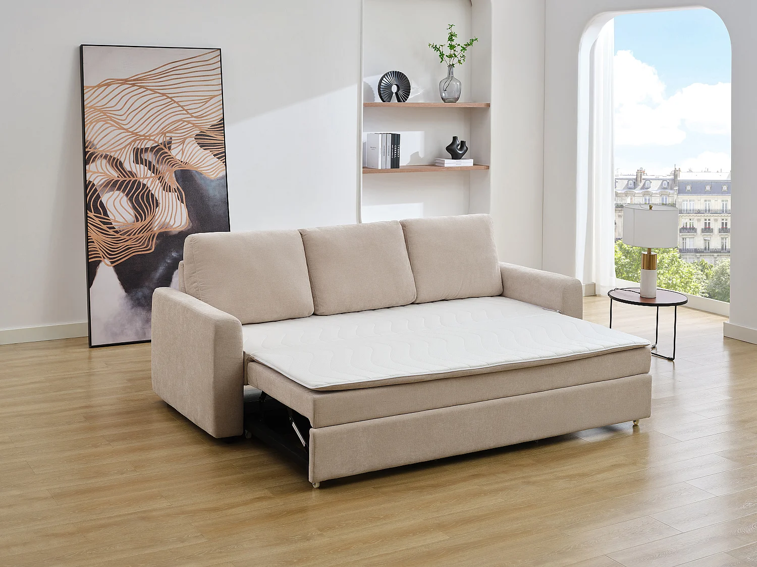 Canapé 3 places convertible en tissu beige avec assise à mémoire de forme ARCATA