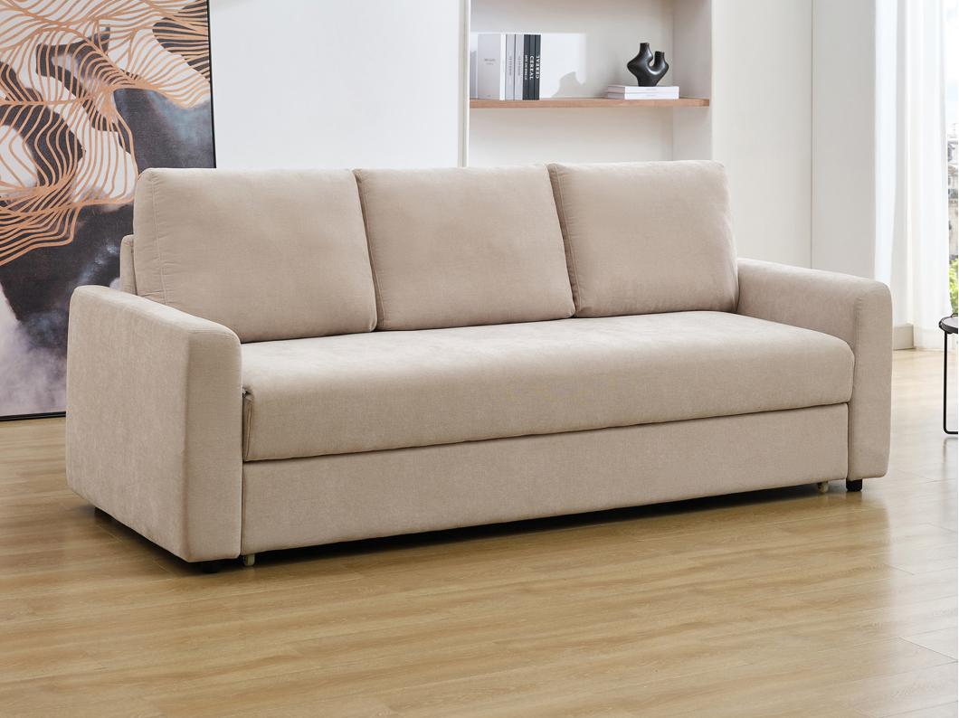 Sofá cama de 3 plazas de tela beige con asiento de espuma viscoelástica ARCATA