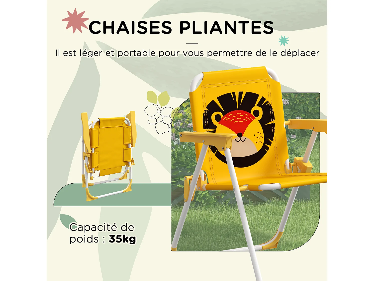 Ensemble salon de jardin enfant 4 pcs design lion - chaises pliables - métal polyester jaune rouge