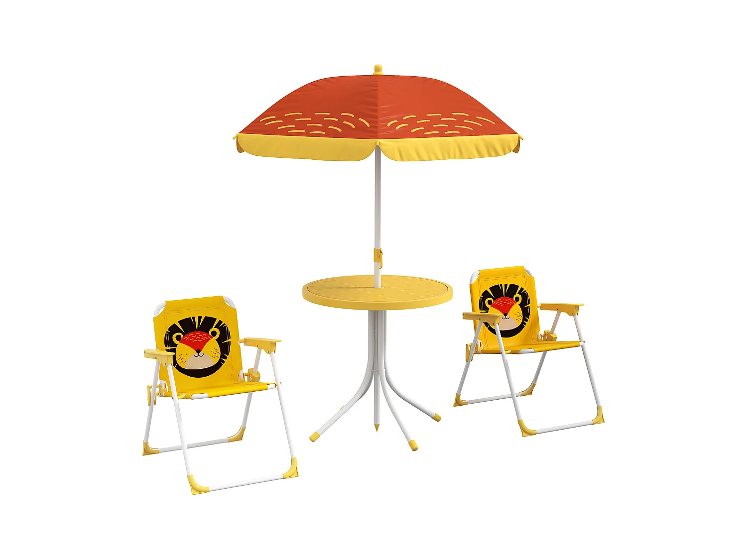 Ensemble salon de jardin enfant 4 pcs design lion - chaises pliables - métal polyester jaune rouge
