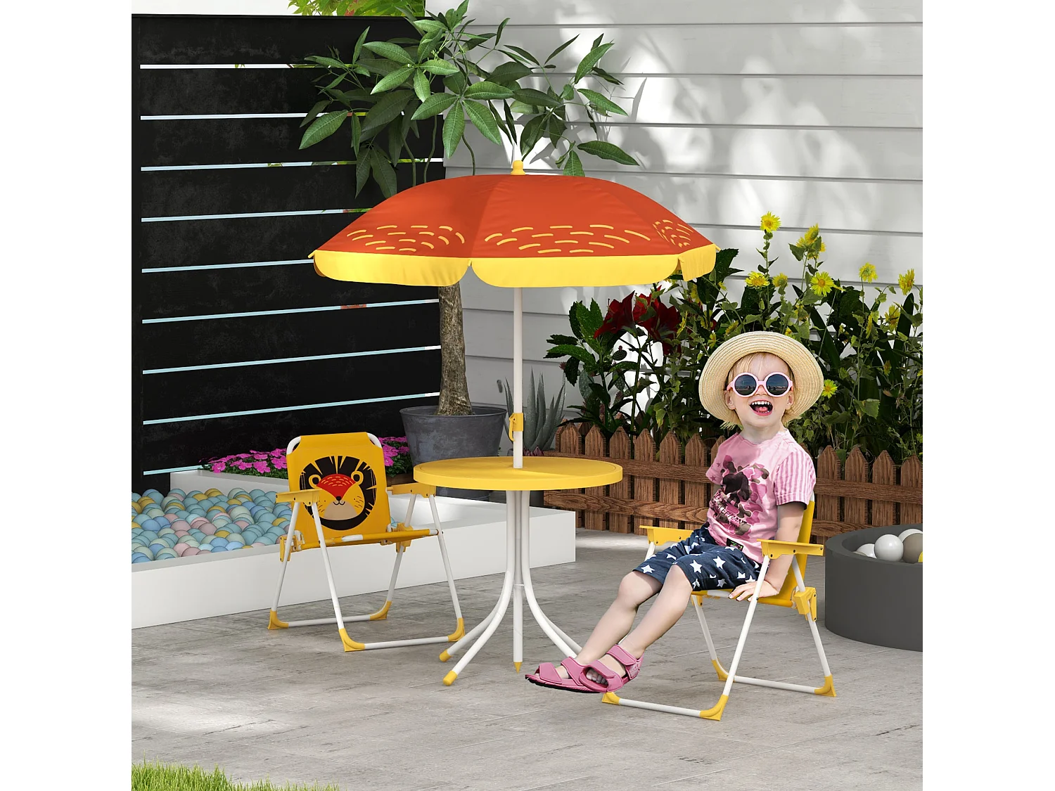 Ensemble salon de jardin enfant 4 pcs design lion - chaises pliables - métal polyester jaune rouge