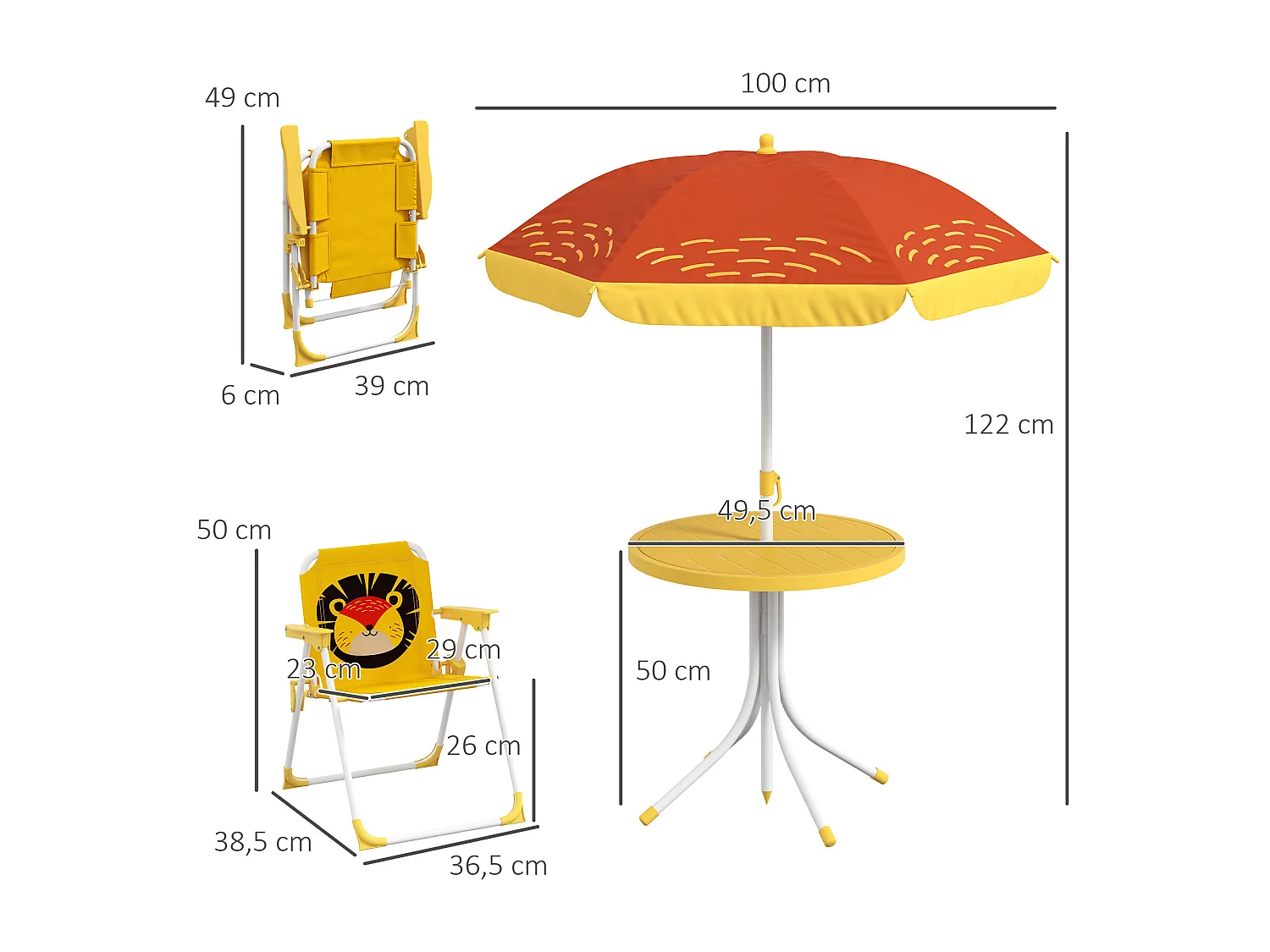 Ensemble salon de jardin enfant 4 pcs design lion - chaises pliables - métal polyester jaune rouge