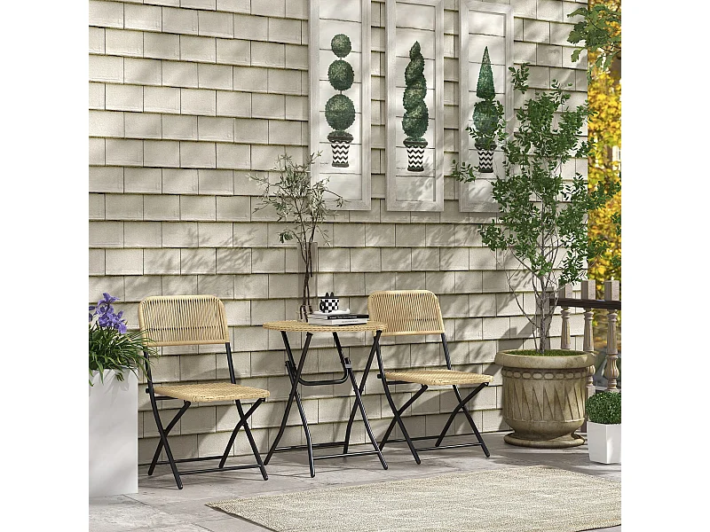 Ensemble bistro de jardin 3 pièces pliantes style cosy 2 chaises + table acier époxy noir résine tressée beige