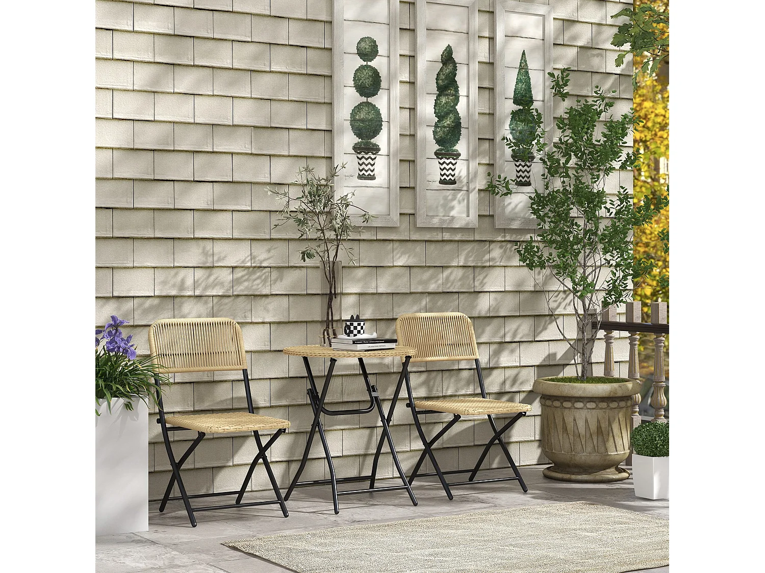 Ensemble bistro de jardin 3 pièces pliantes style cosy 2 chaises + table acier époxy noir résine tressée beige