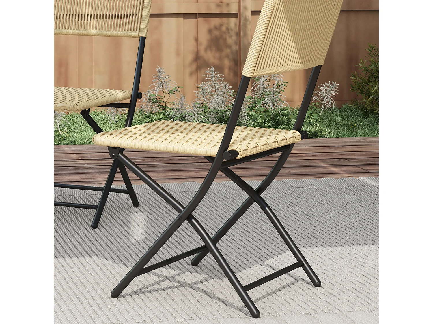 Ensemble bistro de jardin 3 pièces pliantes style cosy 2 chaises + table acier époxy noir résine tressée beige