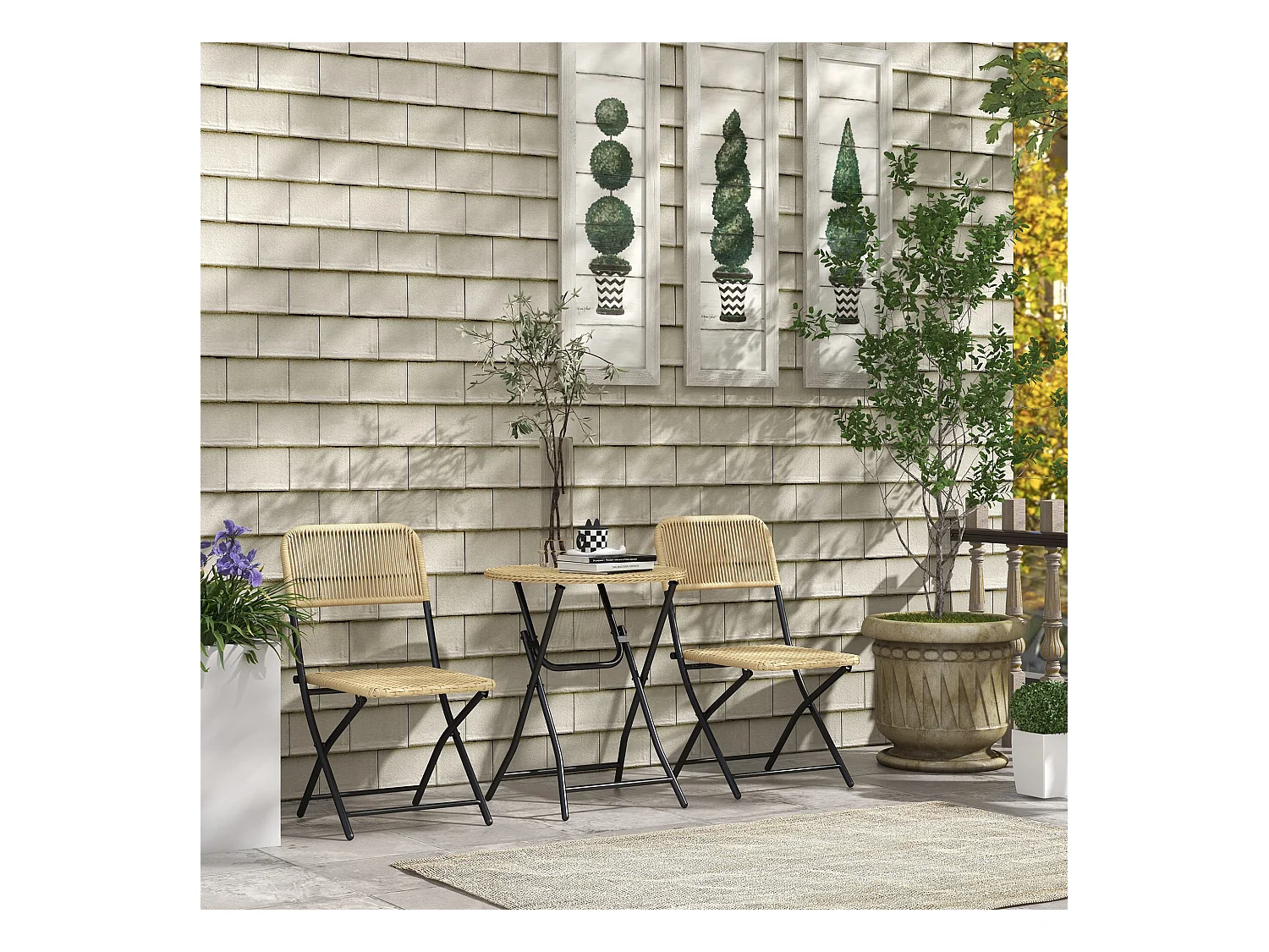 Ensemble bistro de jardin 3 pièces pliantes style cosy 2 chaises + table acier époxy noir résine tressée beige