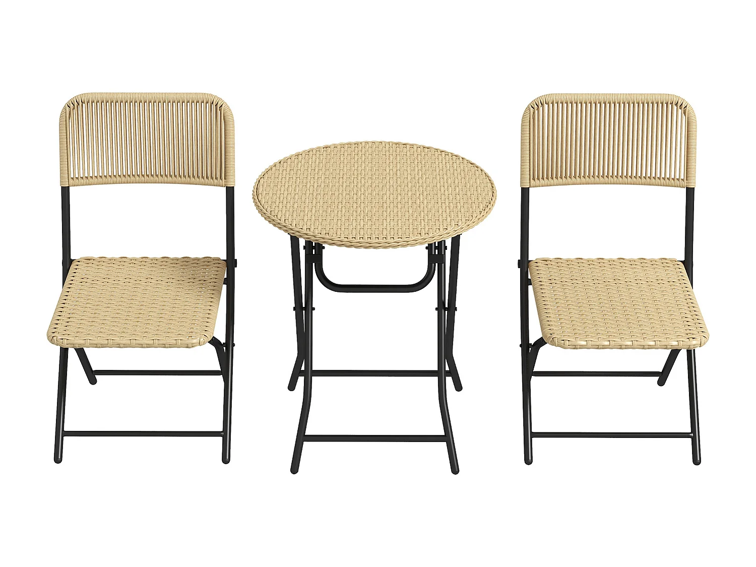 Ensemble bistro de jardin 3 pièces pliantes style cosy 2 chaises + table acier époxy noir résine tressée beige