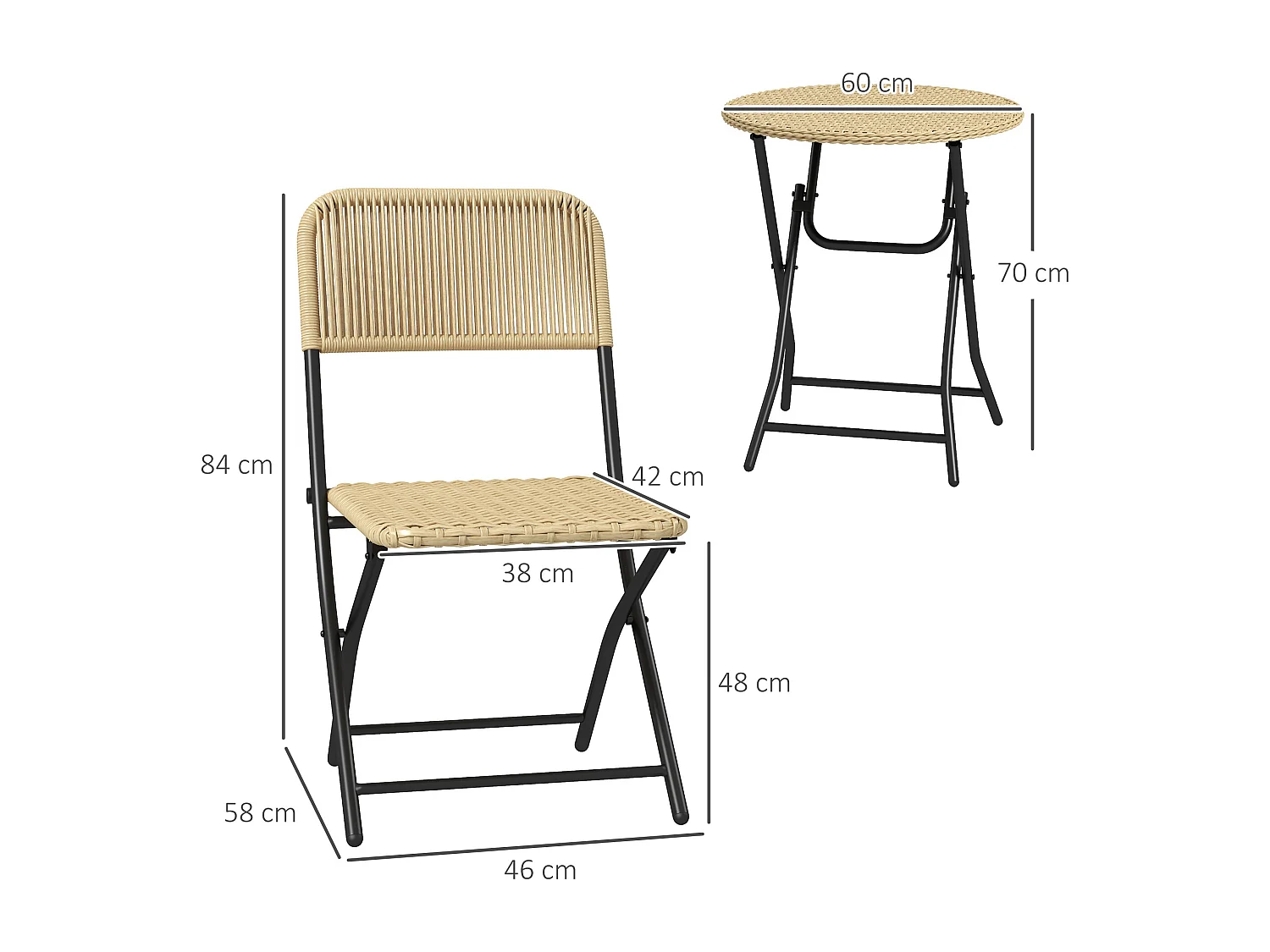 Ensemble bistro de jardin 3 pièces pliantes style cosy 2 chaises + table acier époxy noir résine tressée beige