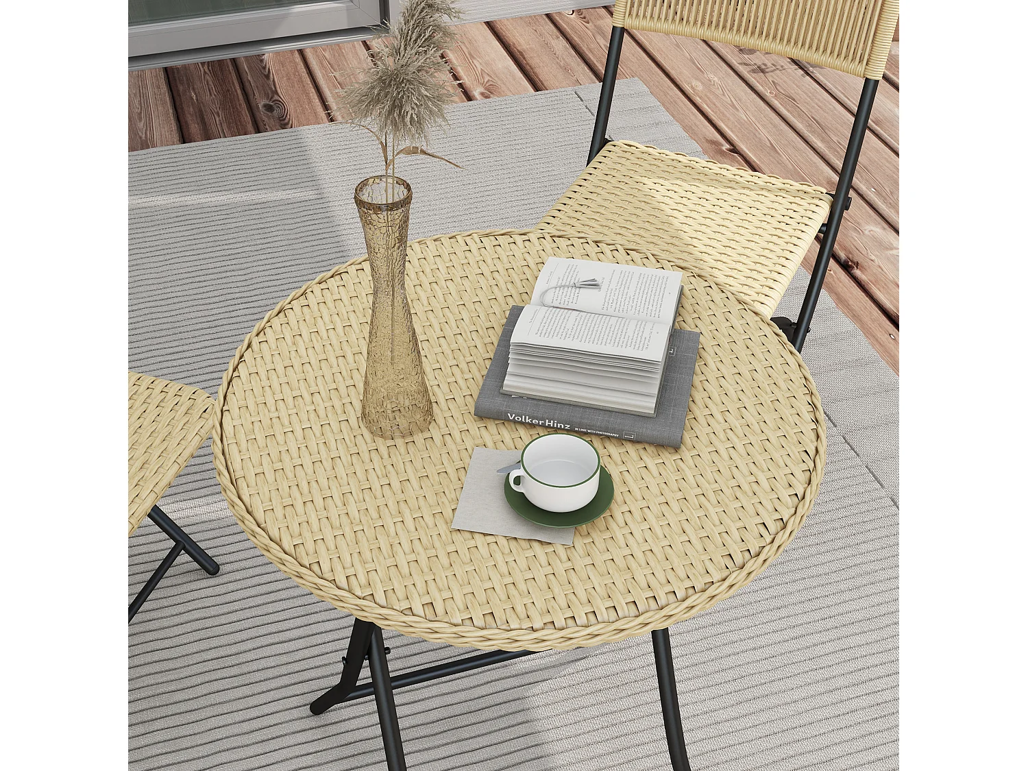 Ensemble bistro de jardin 3 pièces pliantes style cosy 2 chaises + table acier époxy noir résine tressée beige