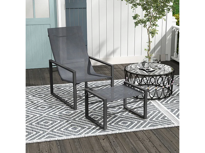 Ensemble fauteuil relax de jardin avec repose-pied métal noir tissu mesh gris