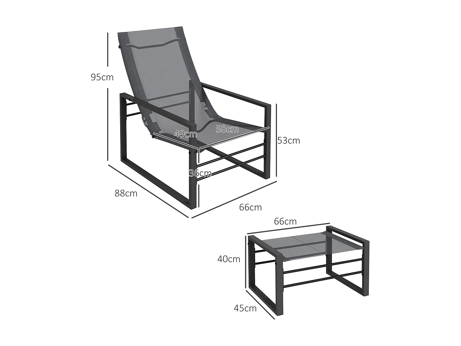 Ensemble fauteuil relax de jardin avec repose-pied métal noir tissu mesh gris