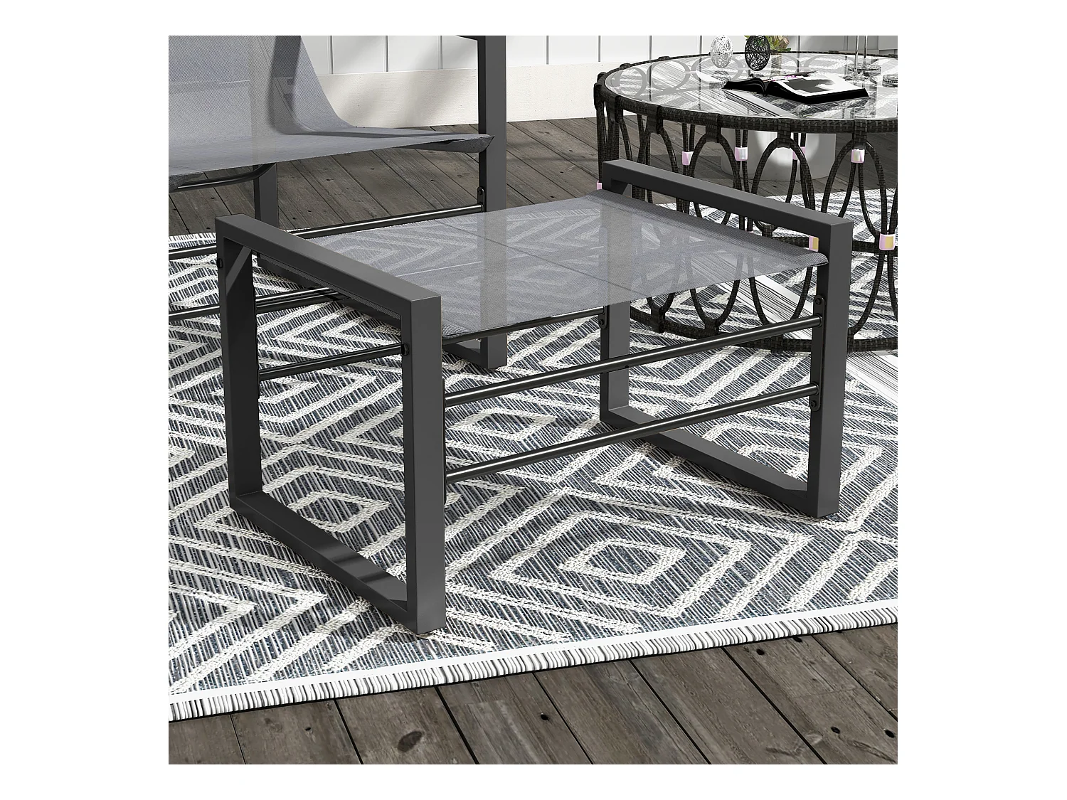 Ensemble fauteuil relax de jardin avec repose-pied métal noir tissu mesh gris