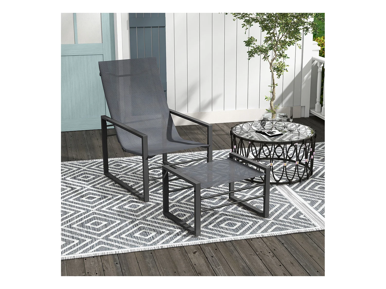 Ensemble fauteuil relax de jardin avec repose-pied métal noir tissu mesh gris