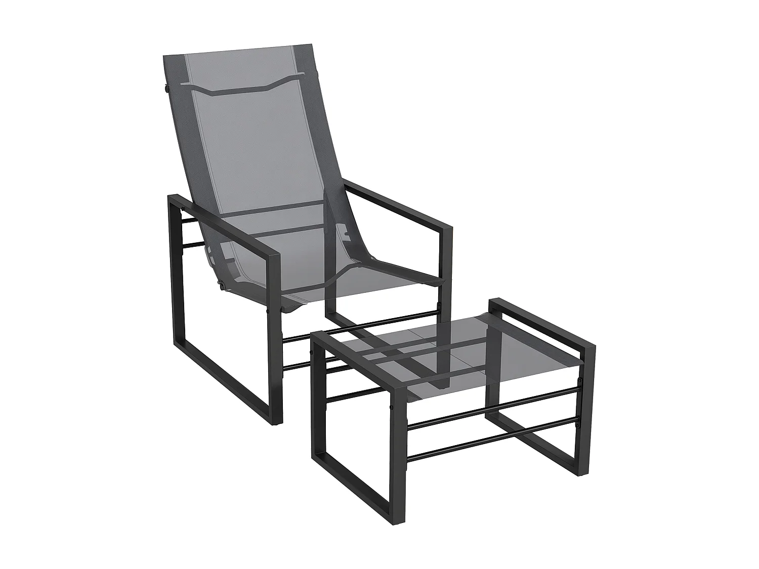 Ensemble fauteuil relax de jardin avec repose-pied métal noir tissu mesh gris
