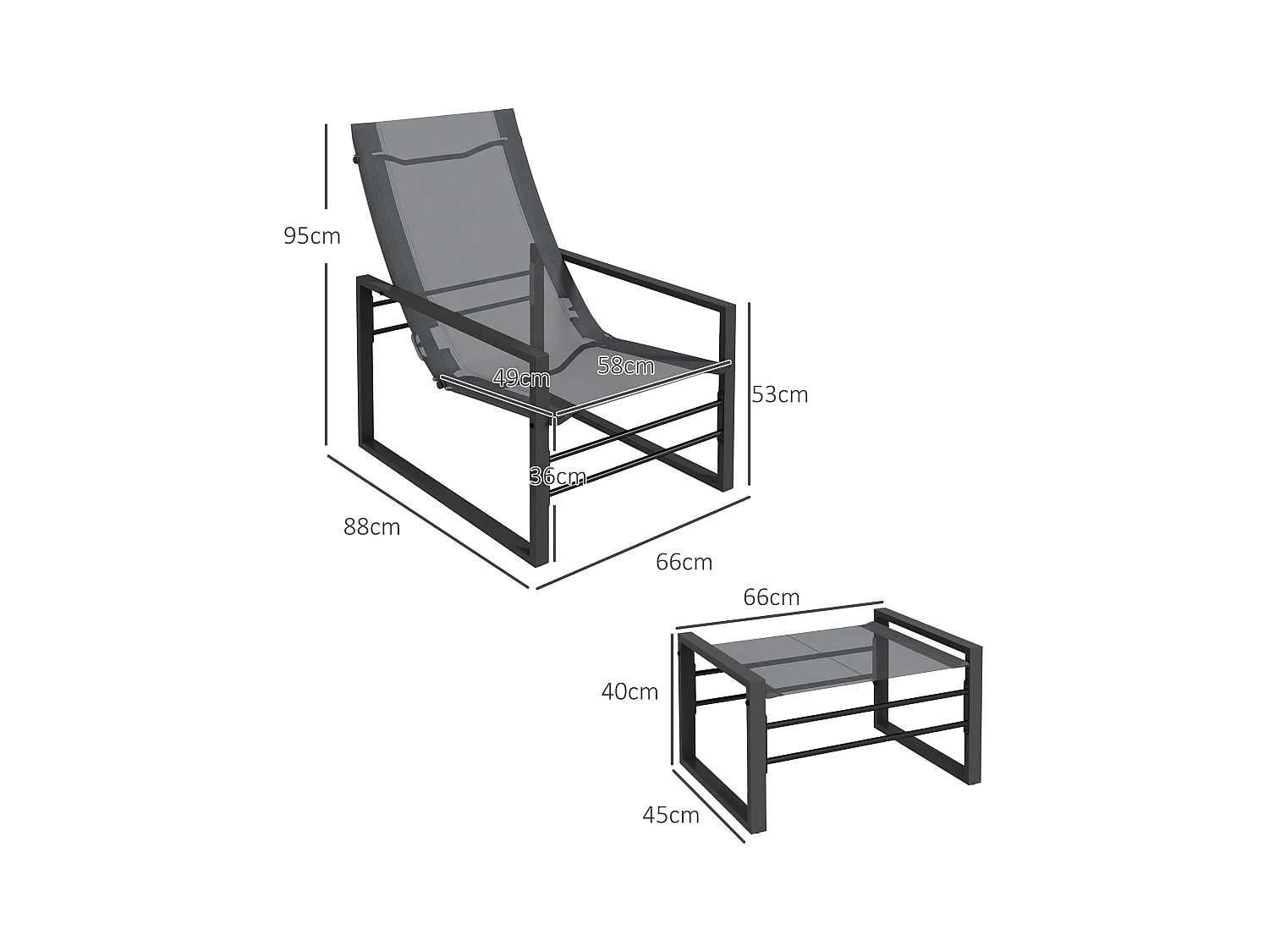 Ensemble fauteuil relax de jardin avec repose-pied métal noir tissu mesh gris