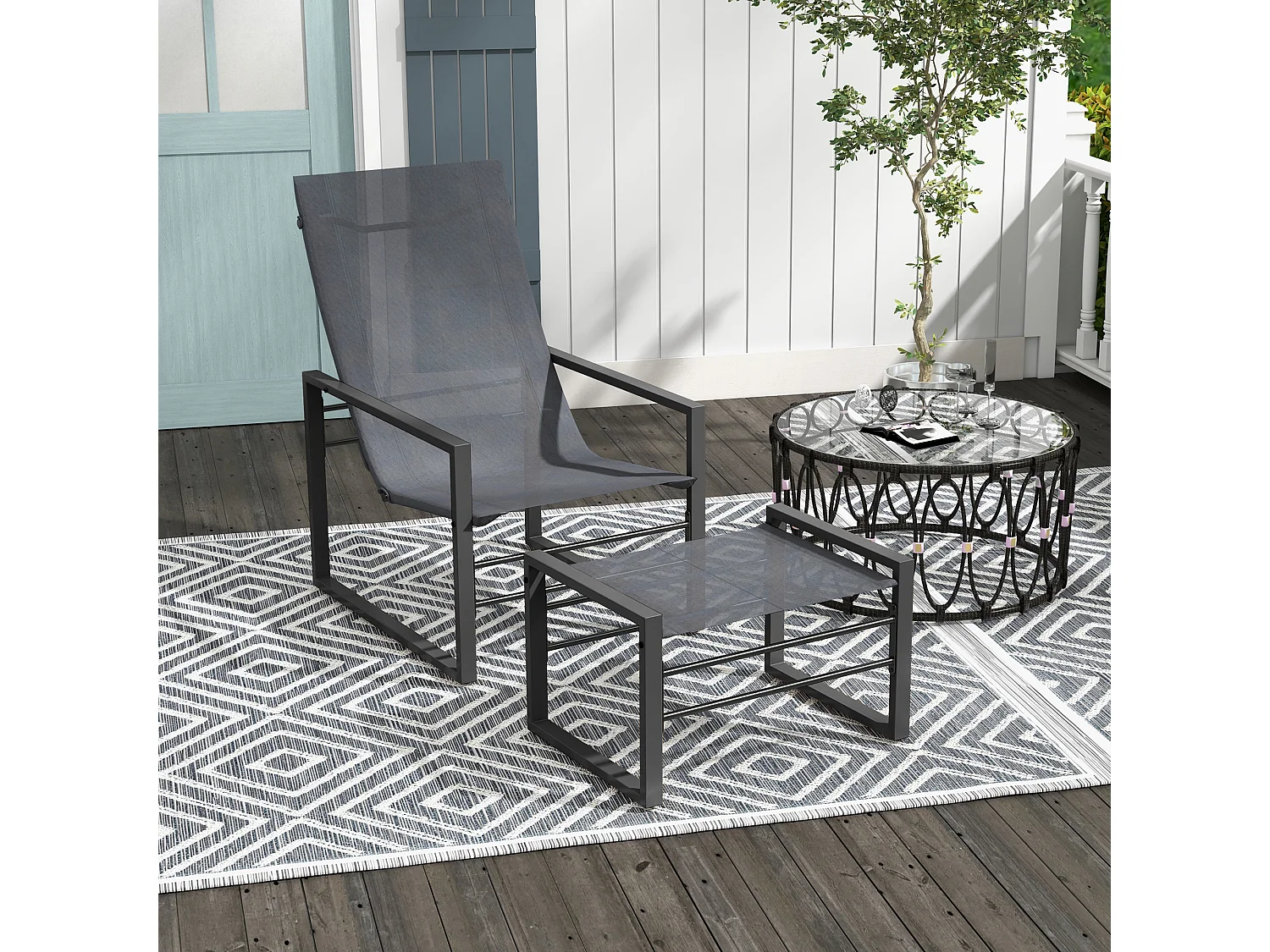 Ensemble fauteuil relax de jardin avec repose-pied métal noir tissu mesh gris