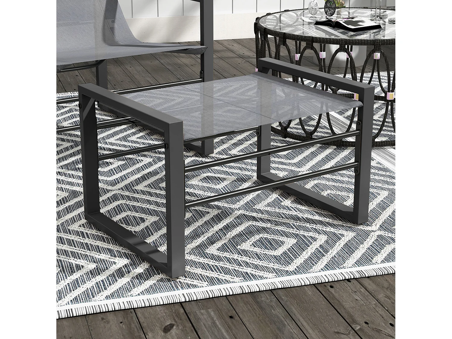 Ensemble fauteuil relax de jardin avec repose-pied métal noir tissu mesh gris