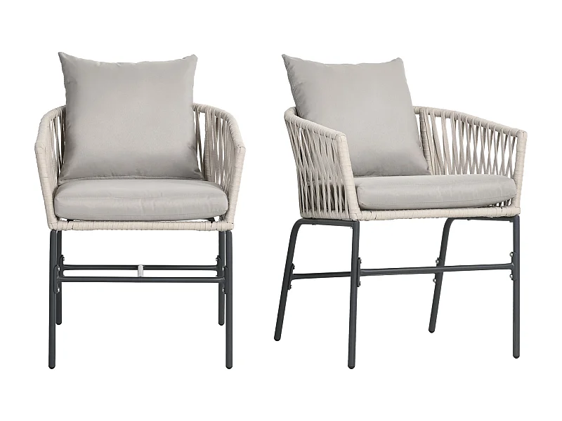 Lot de 2 fauteuils de jardin avec coussins métal cordes PE noir gris