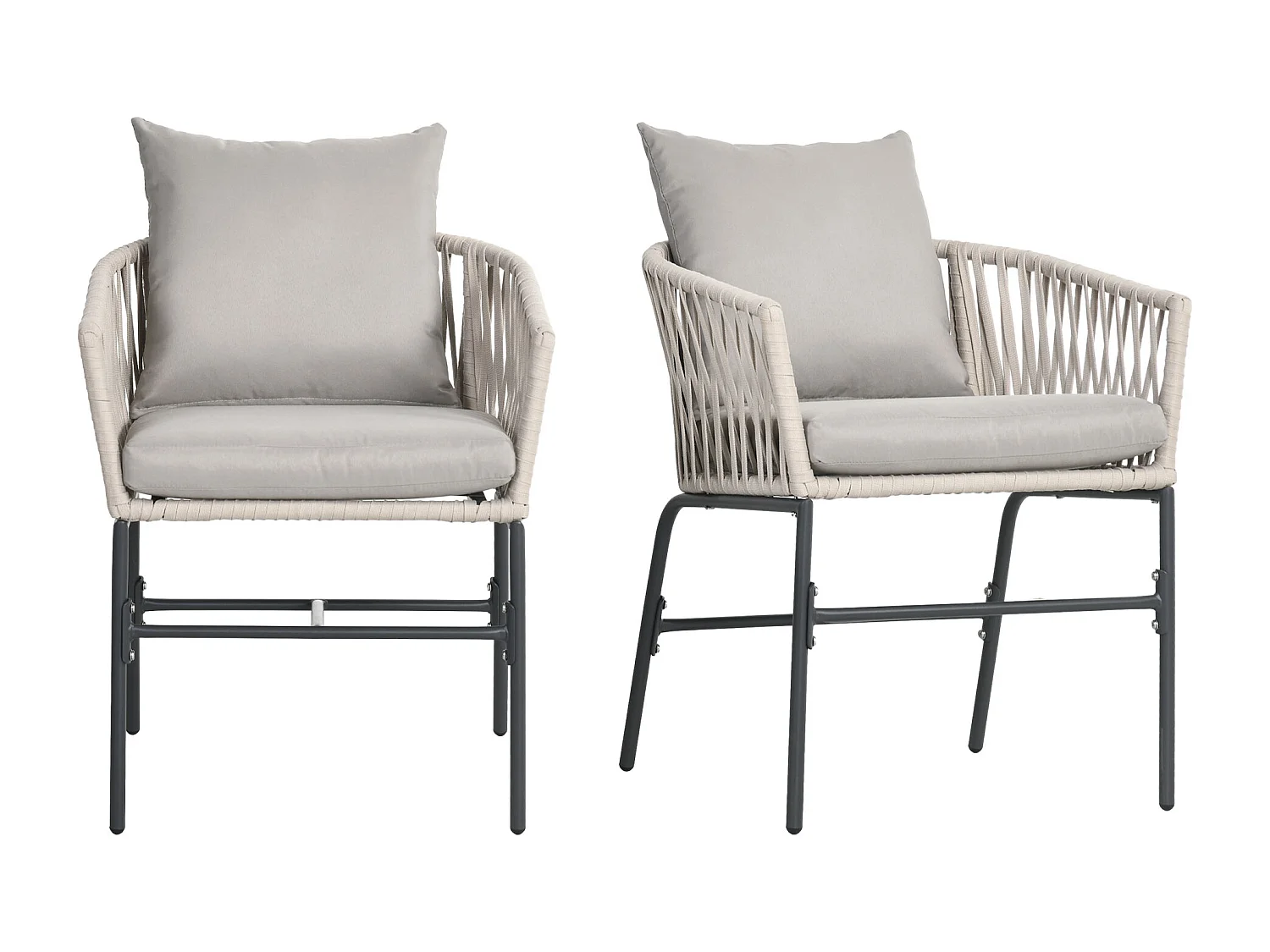 Lot de 2 fauteuils de jardin avec coussins métal cordes PE noir gris