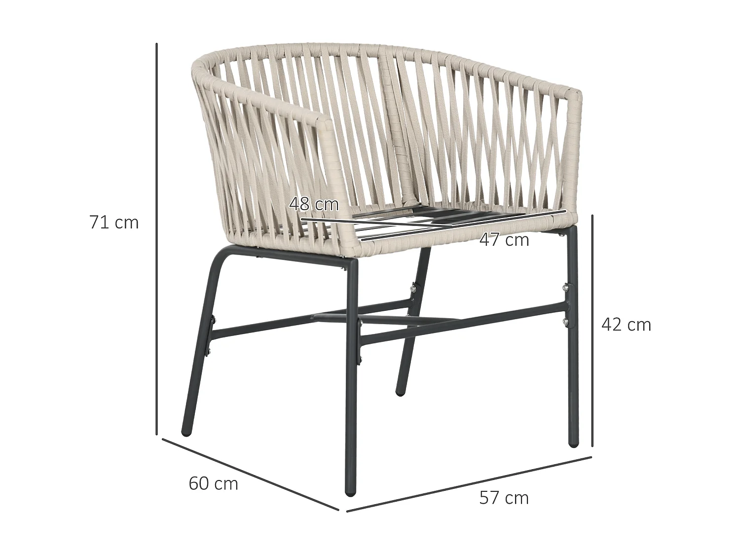 Lot de 2 fauteuils de jardin avec coussins métal cordes PE noir gris