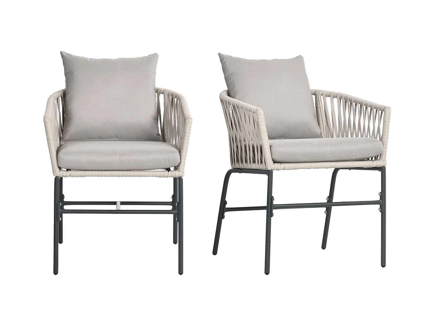 Lot de 2 fauteuils de jardin avec coussins métal cordes PE noir gris