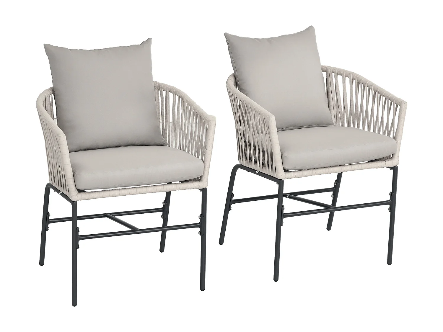 Lot de 2 fauteuils de jardin avec coussins métal cordes PE noir gris