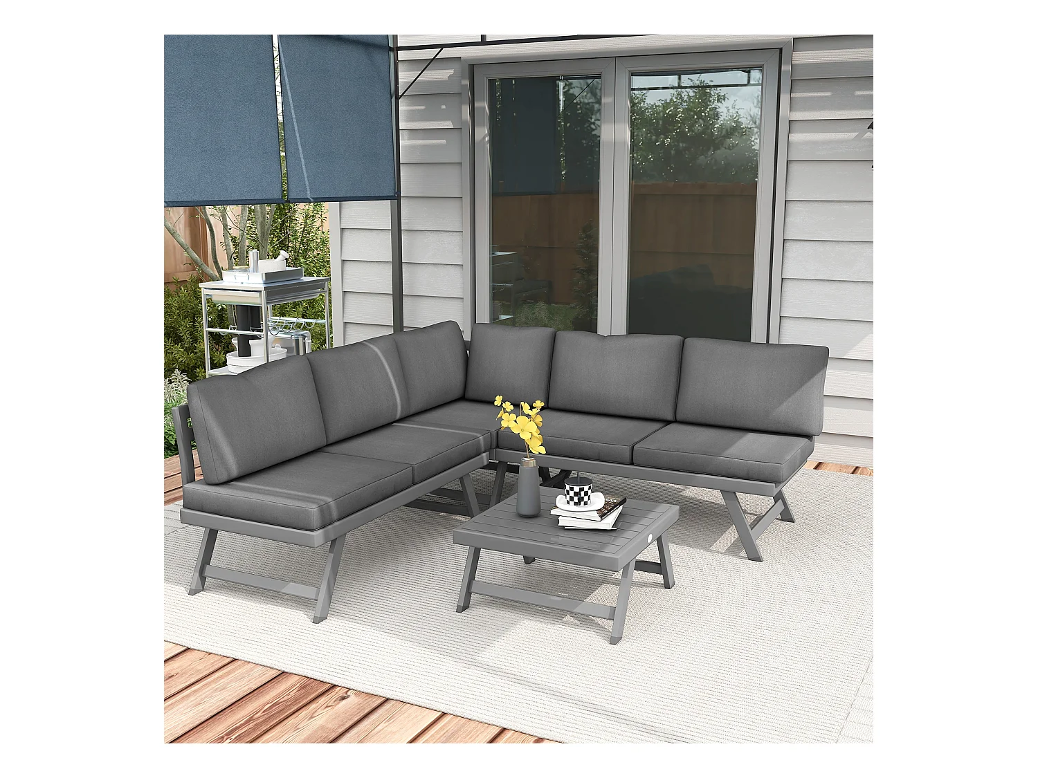 Ensemble salon de jardin d'angle 5 places style contemporain avec table basse coussins acier alu gris