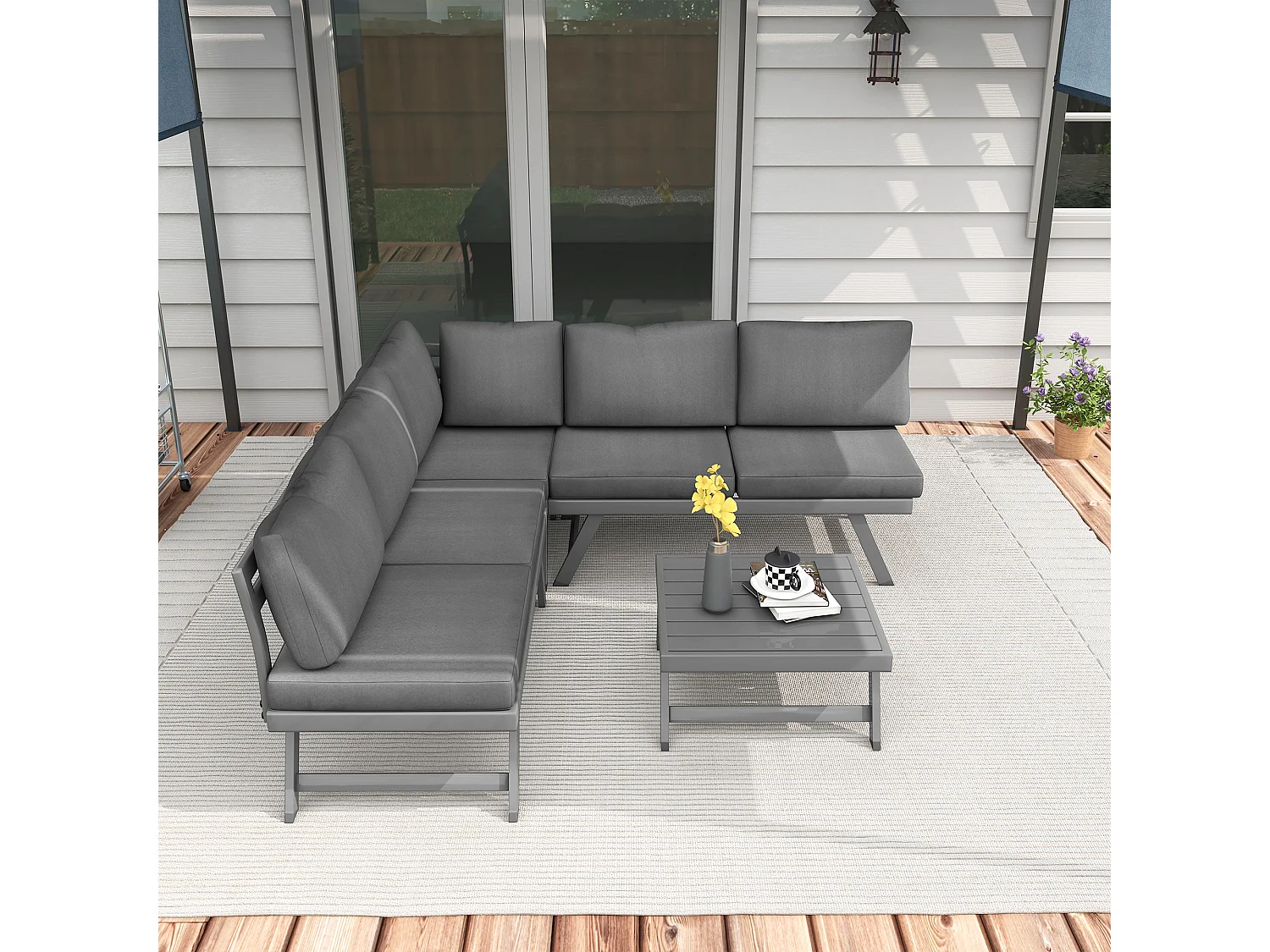 Ensemble salon de jardin d'angle 5 places style contemporain avec table basse coussins acier alu gri