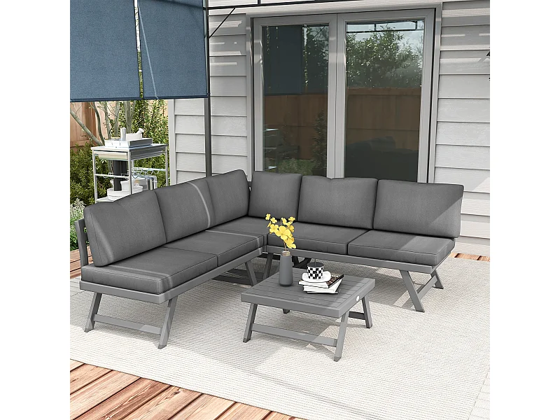 Ensemble salon de jardin d'angle 5 places style contemporain avec table basse coussins acier alu gri