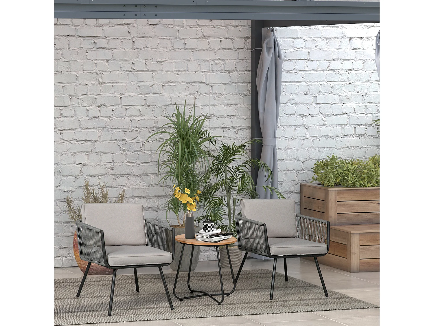 Ensemble bistro de jardin 2 places 3 pièces style contemporain coussins gris acier époxy noir résine filaire grise