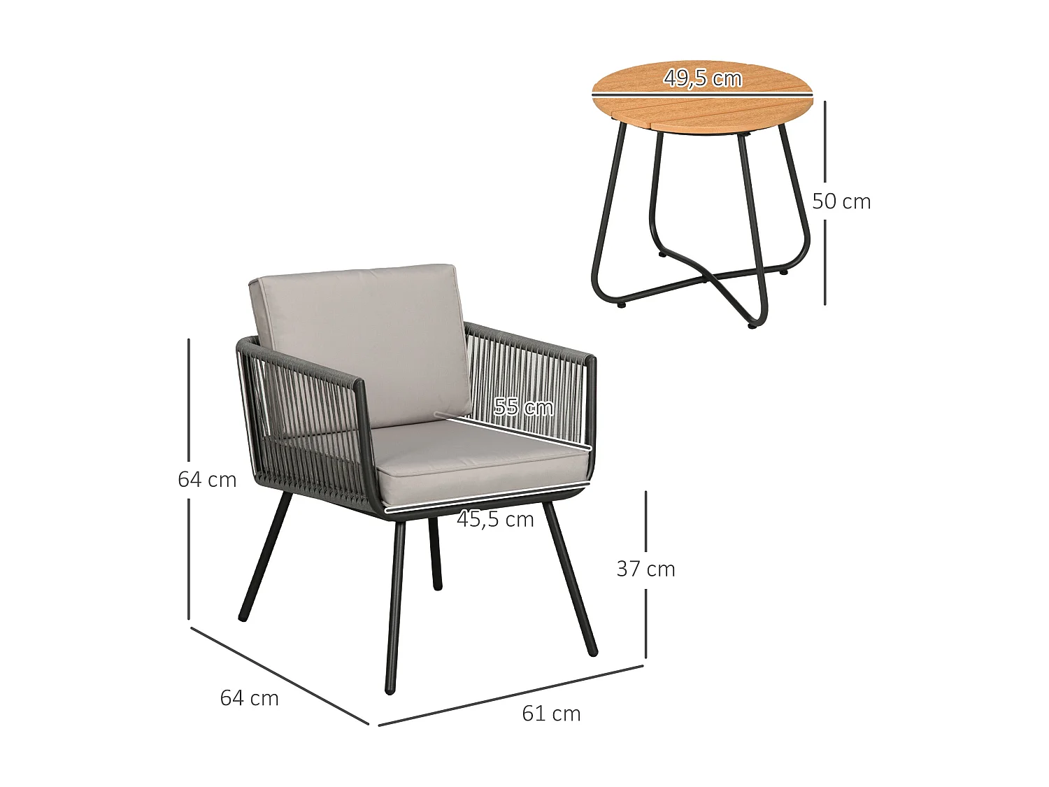 Ensemble bistro de jardin 2 places 3 pièces style contemporain coussins gris acier époxy noir résine filaire grise