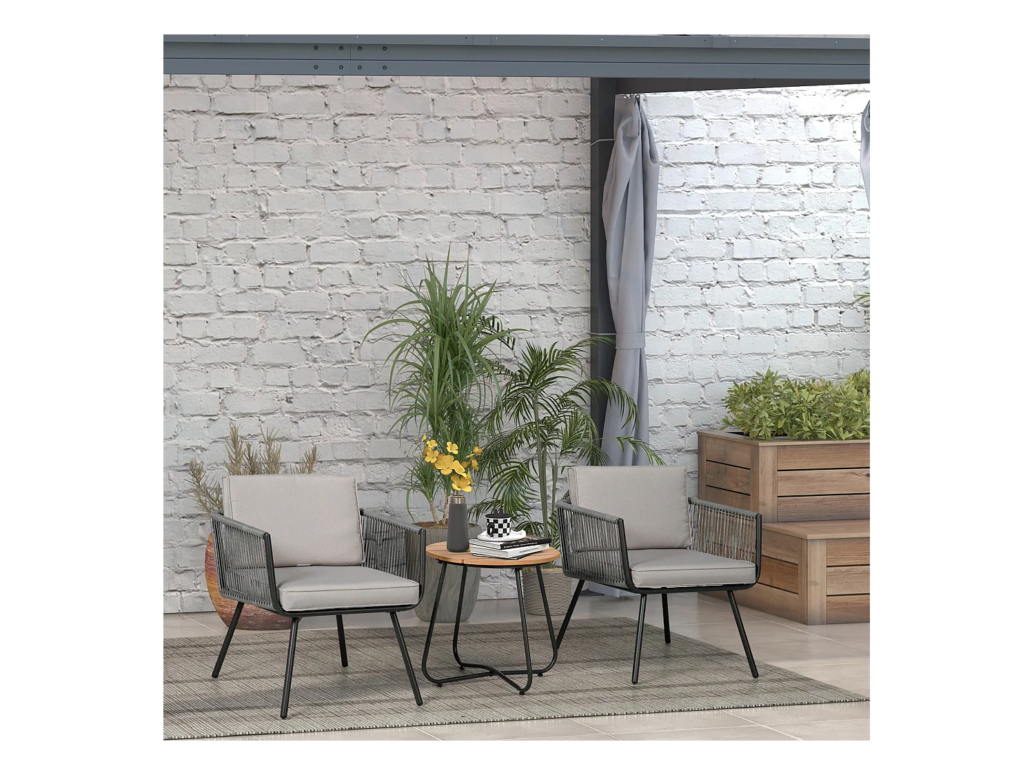 Ensemble bistro de jardin 2 places 3 pièces style contemporain coussins gris acier époxy noir résine filaire grise