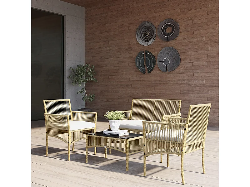 Salon de jardin 4 places 4 pièces style colonial table basse coussins inclus résine tressée filée aspect rotin beige