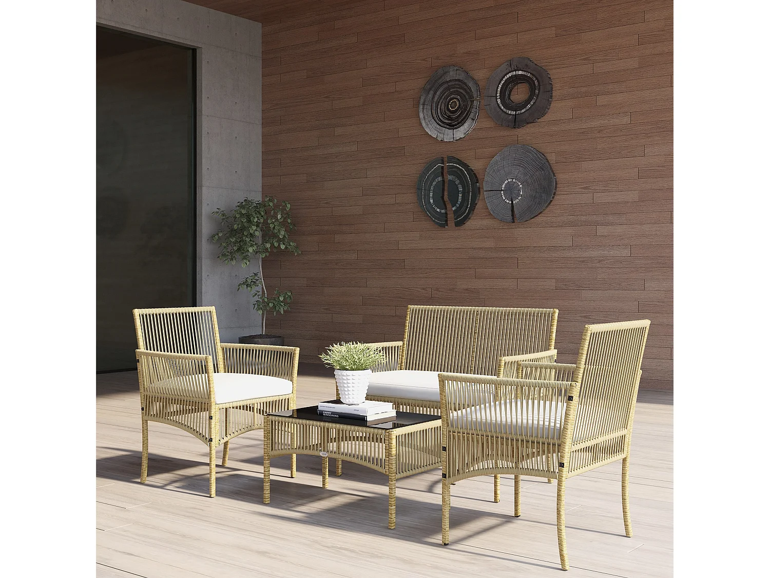 Salon de jardin 4 places 4 pièces style colonial table basse coussins inclus résine tressée filée aspect rotin beige