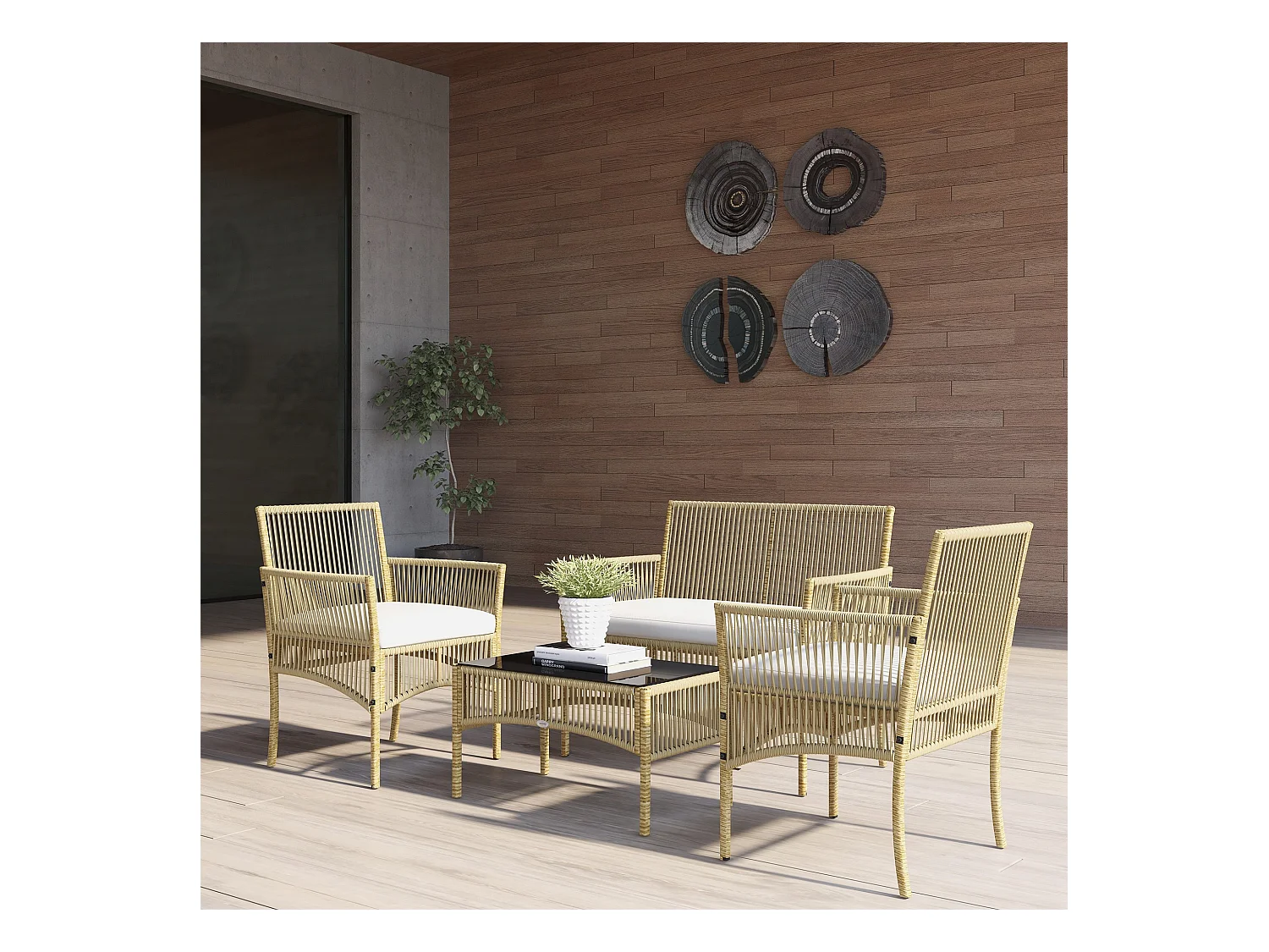 Salon de jardin 4 places 4 pièces style colonial table basse coussins inclus résine tressée filée aspect rotin beige