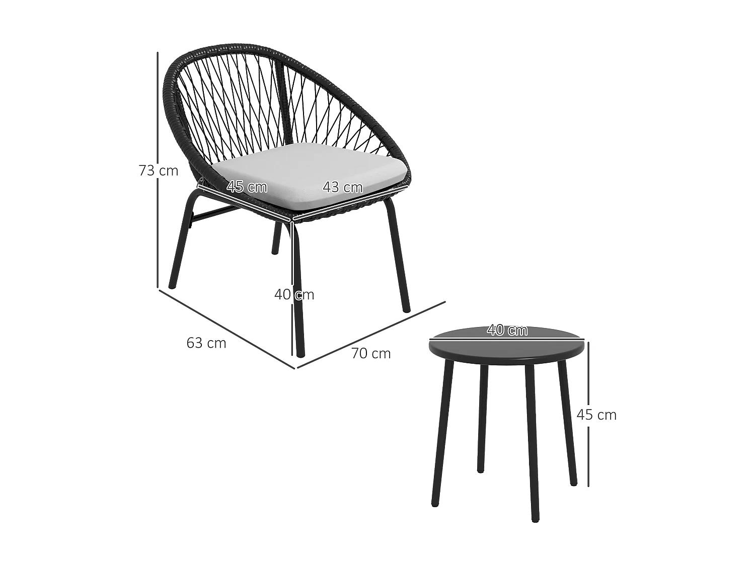 Ensemble salon de jardin 3 pièces 2 personnes avec coussins noir