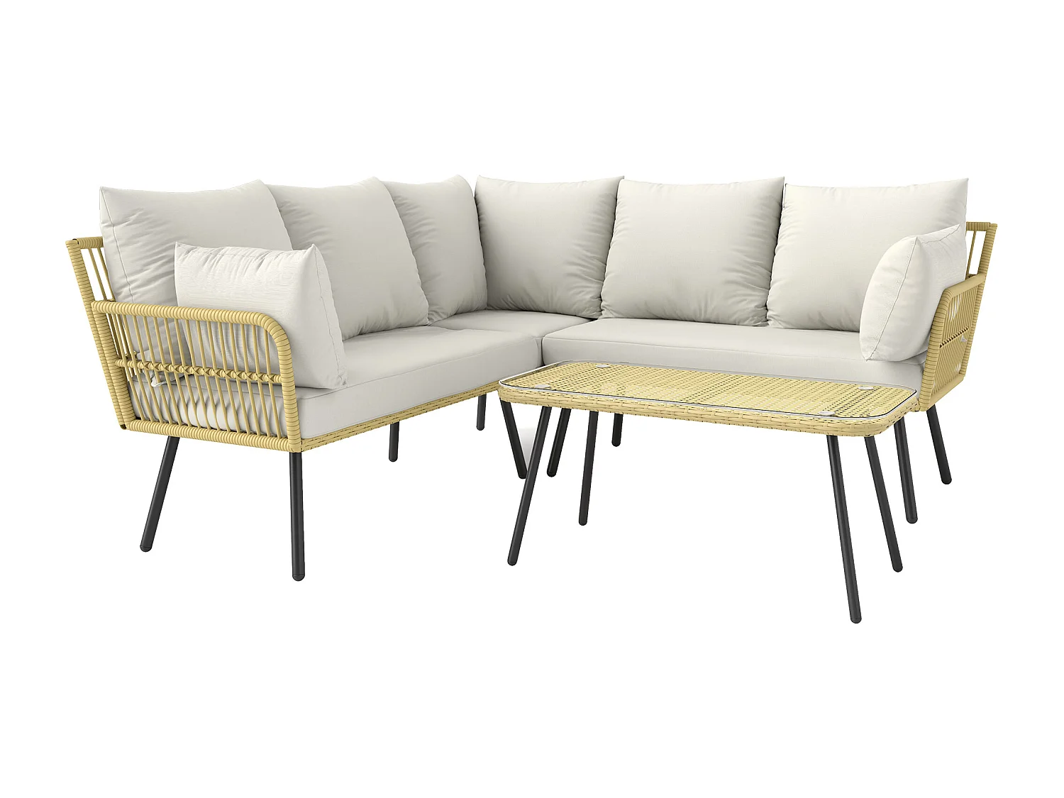 Salon de jardin d'angle 5 places style bohème chic - coussins, table basse inclus - résine tressée aspect rotin