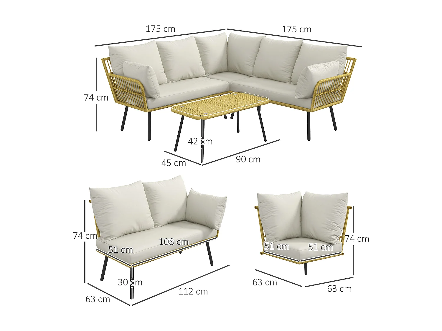 Salon de jardin d'angle 5 places style bohème chic - coussins, table basse inclus - résine tressée aspect rotin