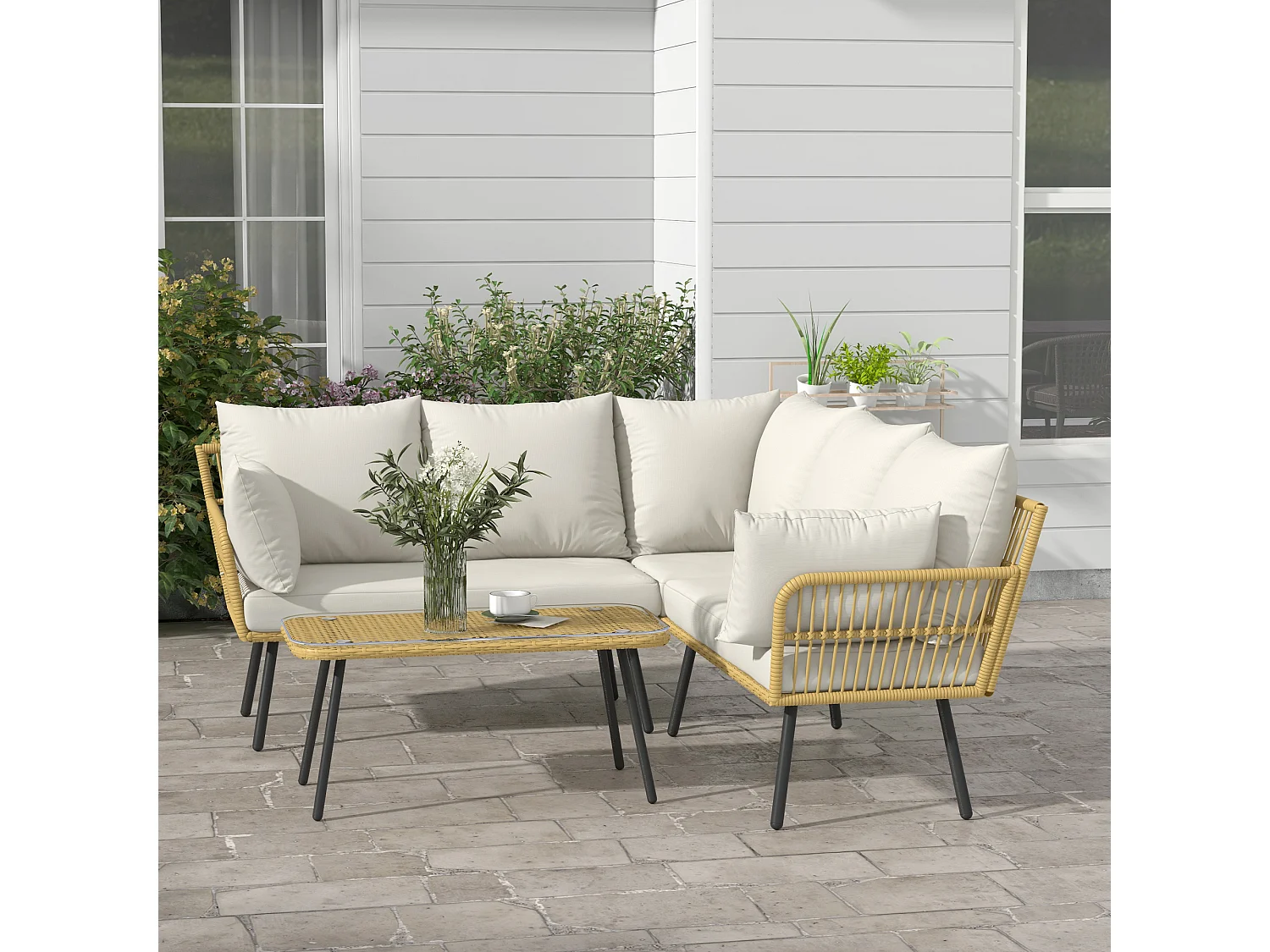 Salon de jardin d'angle 5 places style bohème chic - coussins, table basse inclus - résine tressée aspect rotin