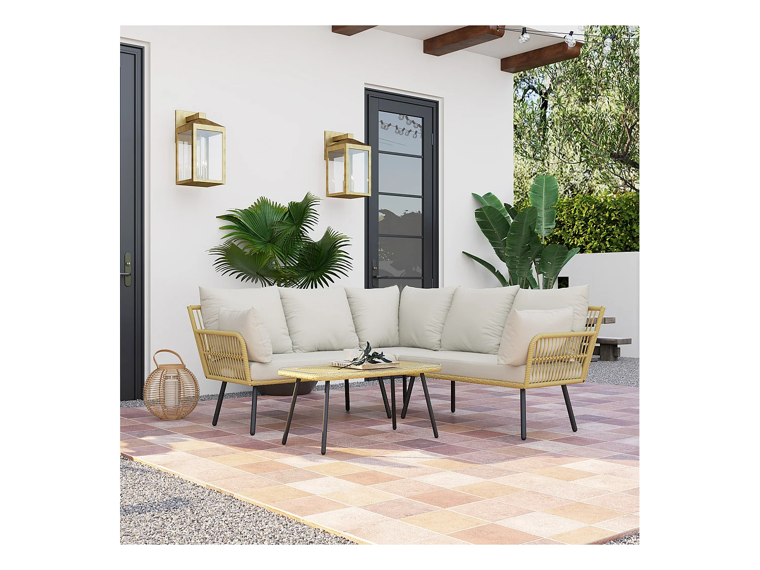 Salon de jardin d'angle 5 places style bohème chic - coussins, table basse inclus - résine tressée aspect rotin