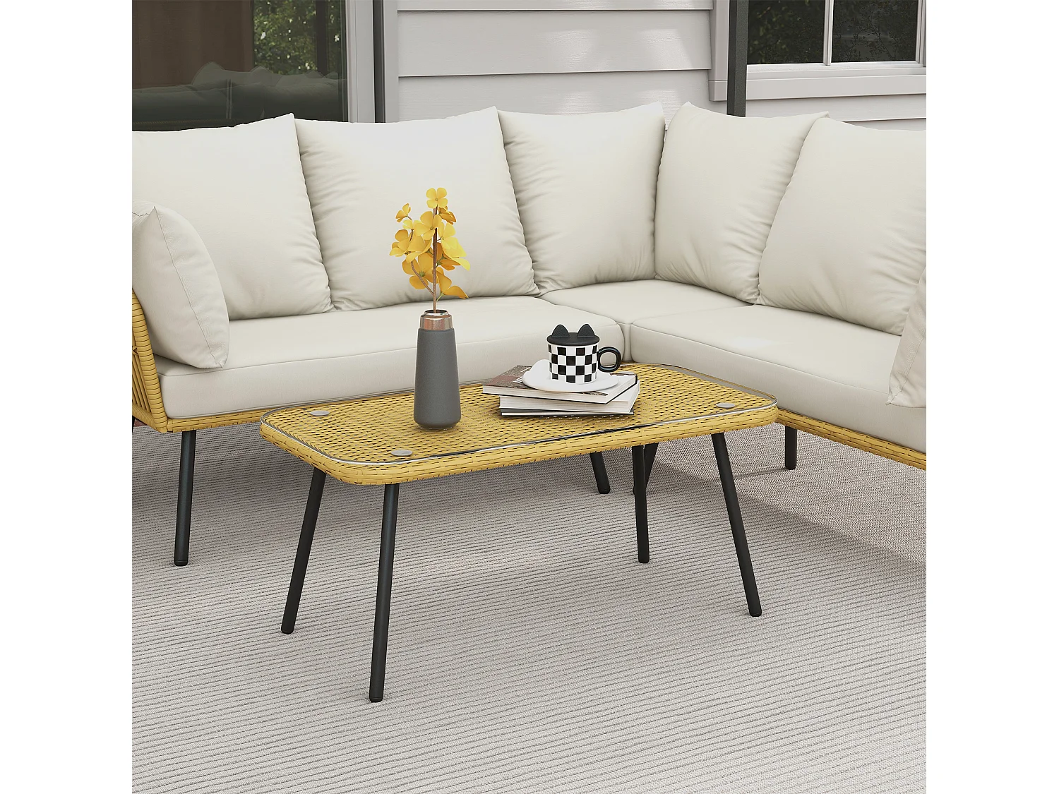 Salon de jardin d'angle 5 places style bohème chic - coussins, table basse inclus - résine tressée aspect rotin