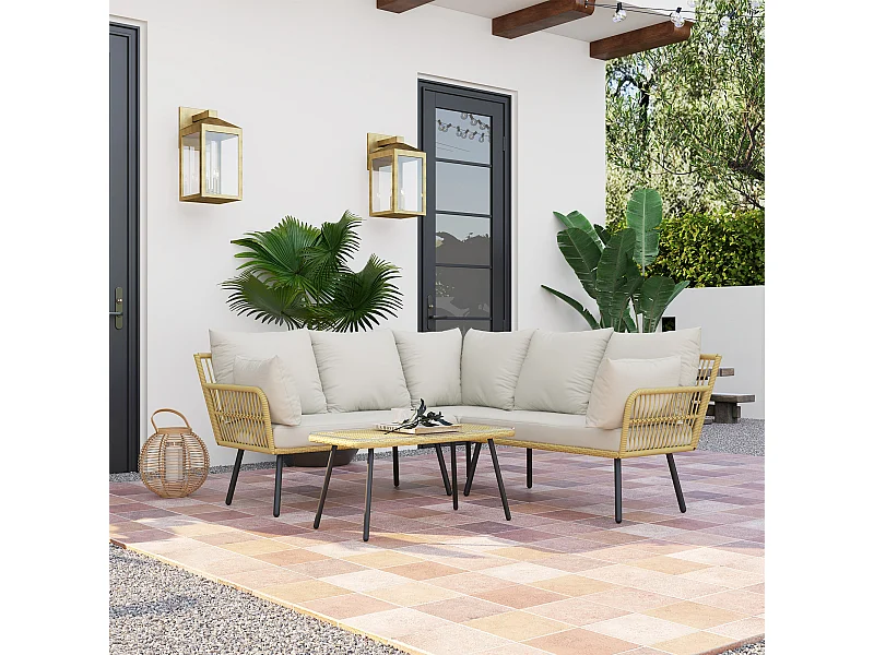 Salon de jardin d'angle 5 places style bohème chic - coussins, table basse inclus - résine tressée aspect rotin