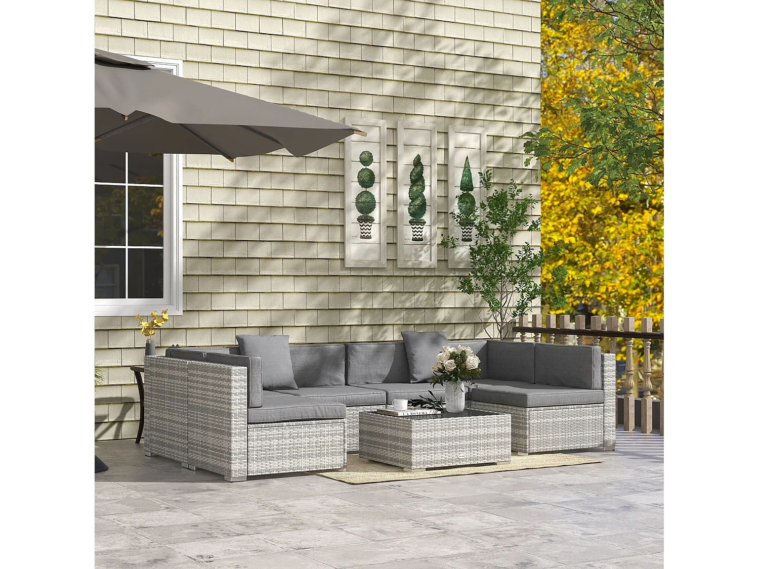 Ensemble salon de jardin 7 pièces modulables table basse plateau verre trempé coussins déhoussables inclus résine tressée imitation rotin gris